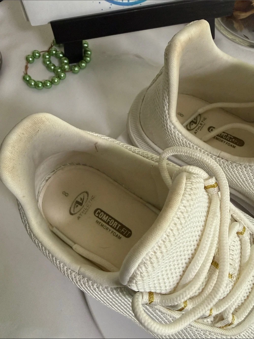 Athletics Off-White Knit Tie Up Slip-On Sneakers with Gold Accents